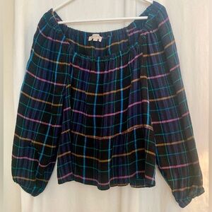 LOFT Black Plaid Off-Shoulder Blouse with Teal Pink & Green Stripes Size L